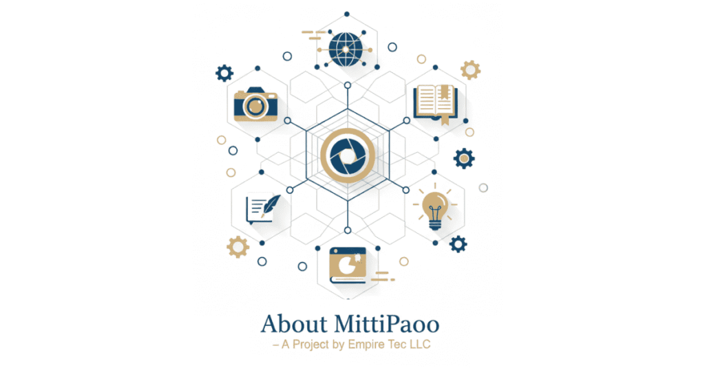 About MittiPaoo digital media brand by Empire Tec LLC – infographic banner with icons of blogging, creativity, and global media.