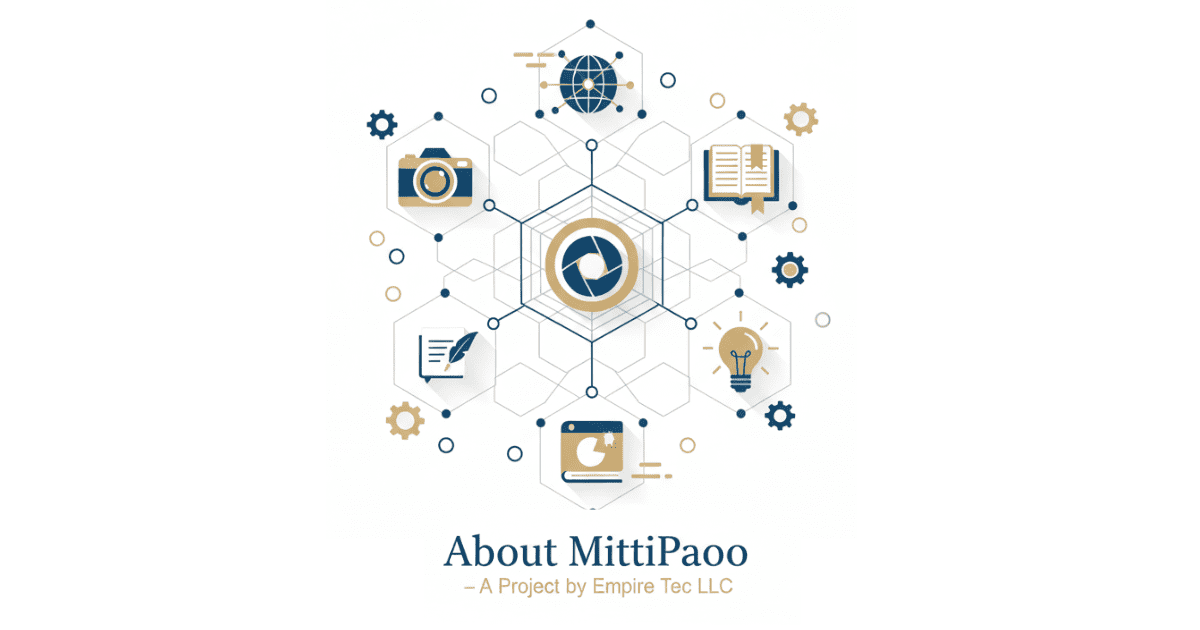 About MittiPaoo digital media brand by Empire Tec LLC – infographic banner with icons of blogging, creativity, and global media.