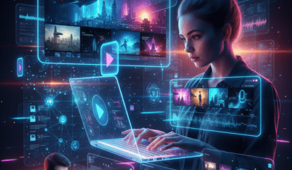 “Futuristic concept of AI video creation tools in 2025 showing digital interfaces and content creators producing viral videos.”